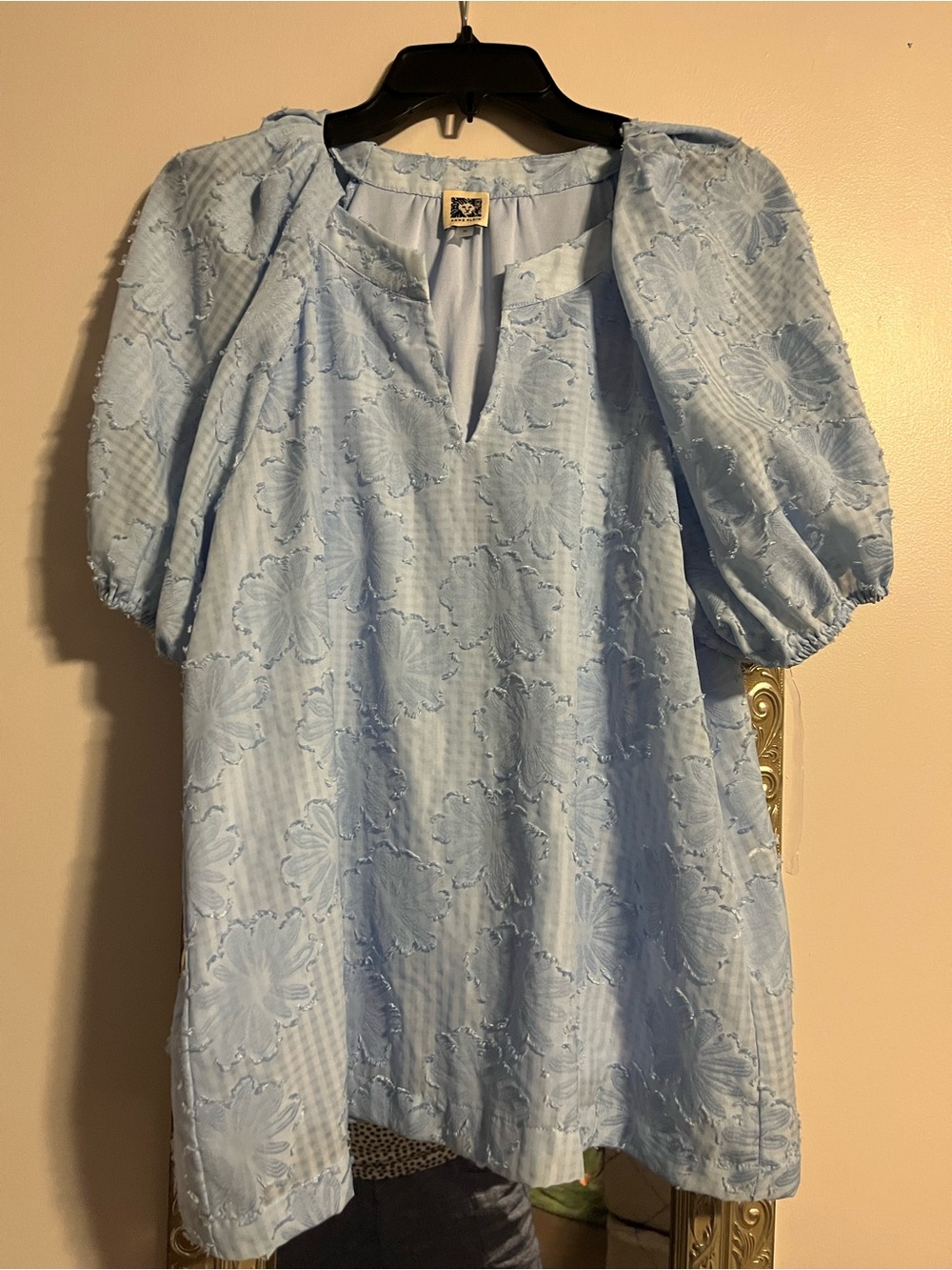 Anne Klein Pale Blue Embroidered Neckline Blouse